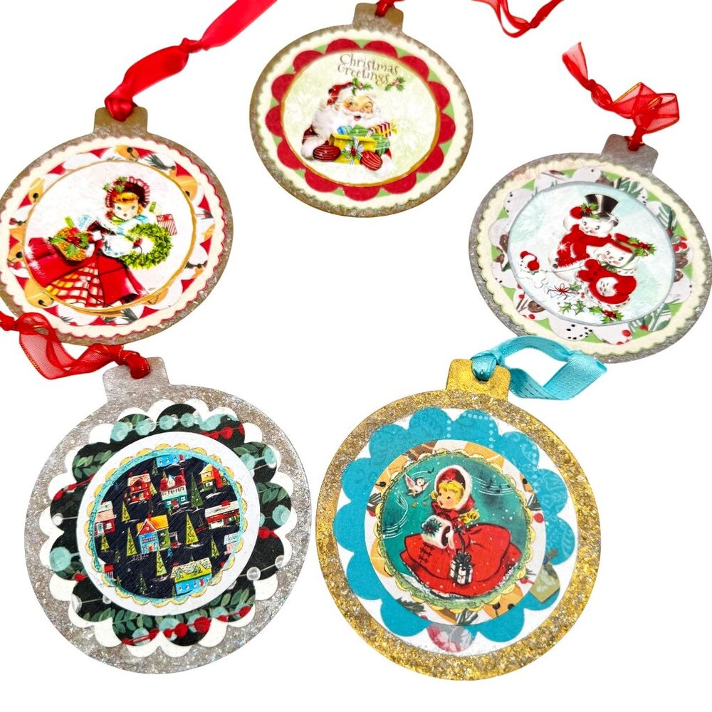 Handcrafted Ornament OOAK Set of 5  Vintage-Inspired Collage Gold Chipboard